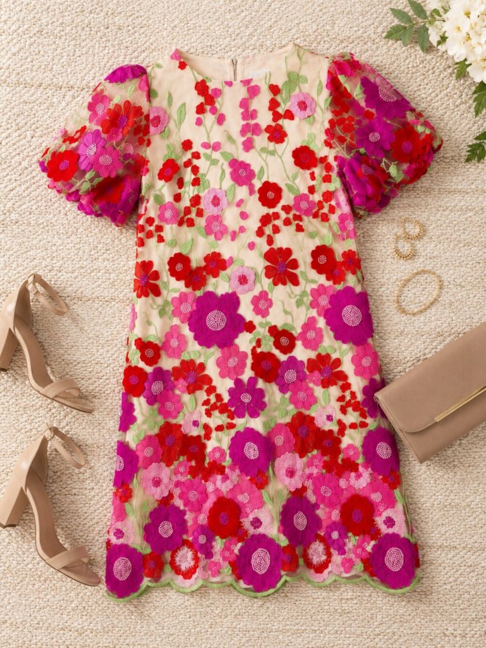 Eliza J Pink 3D Embroidered Florals Puff Sleeve Mini Dress NWT Artistic